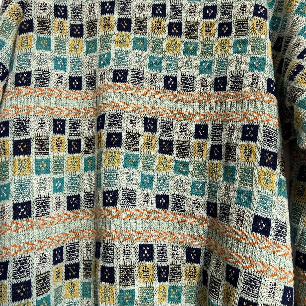 Vintage 90s Square Geometric Eclectic Grandpa Blue Knit Crewneck Sweater XL
